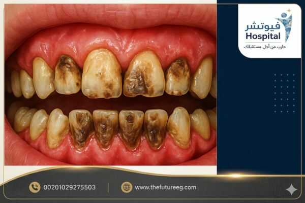 توضيح طبي يبرز التآكل الشديد والتسوس الناتج عن أضرار مخدر الآيس على الأسنان وكيفية تأثيره على اللثة.