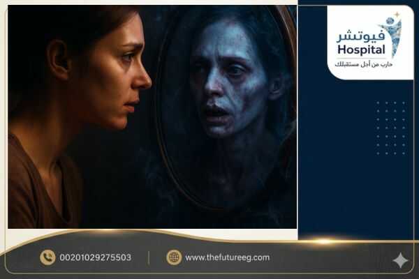 صورة مفاهيمية لامرأة تنظر في مرآة، وجهها الحقيقي يبدو قلقاً، بينما انعكاسها في المرآة يظهر آثار إدمان الشبو القاسية؛ تقرحات جلدية، مظهر هزيل، ودمار