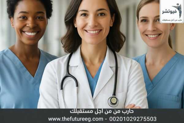 فريق طبي نسائي متخصص يبتسم في مستشفى فيوتشر، أفضل مصحه لعلاج إدمان البنات في مصر.