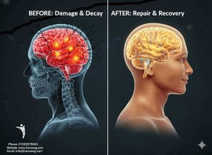 رسم توضيحي أضرار الشبو على الدماغ قبل وبعد إدمان الشبو يوضح التهاب المراكز العصبية وتلف خلايا المخ ثم تحسنها بعد علاج إدمان الشبو