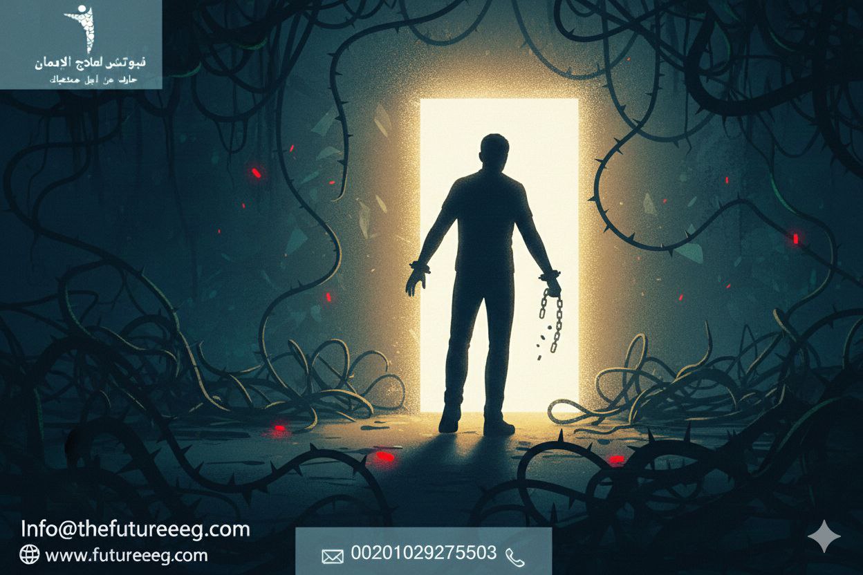 رجل يقف أمام باب مضيء ويتحرر من قيود الإدمان وسط أشواك مظلمة ترمز لمخاطر الشبو.
