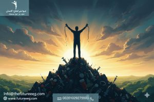 شخص يقف على قمة جبل من الحقن والأقراص محطماً القيود في مشهد يرمز للانتصار وعلاج إدمان الشبو.