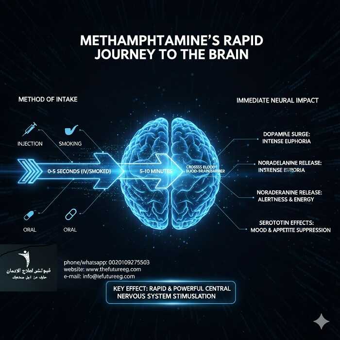 رسم بياني يوضح متى يبدأ مفعول الشبو في الجسم حسب طريقة التعاطي.