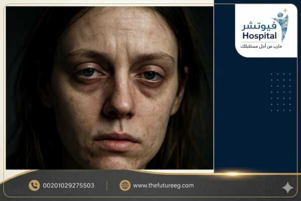 صورة قريبة توضح تأثير إدمان البنات للكريستال ميث على البشرة، من شحوب حاد وهالات سوداء وعلامات إجهاد، مما يعكس الضرر الجمالي السريع لهذا المخدر.