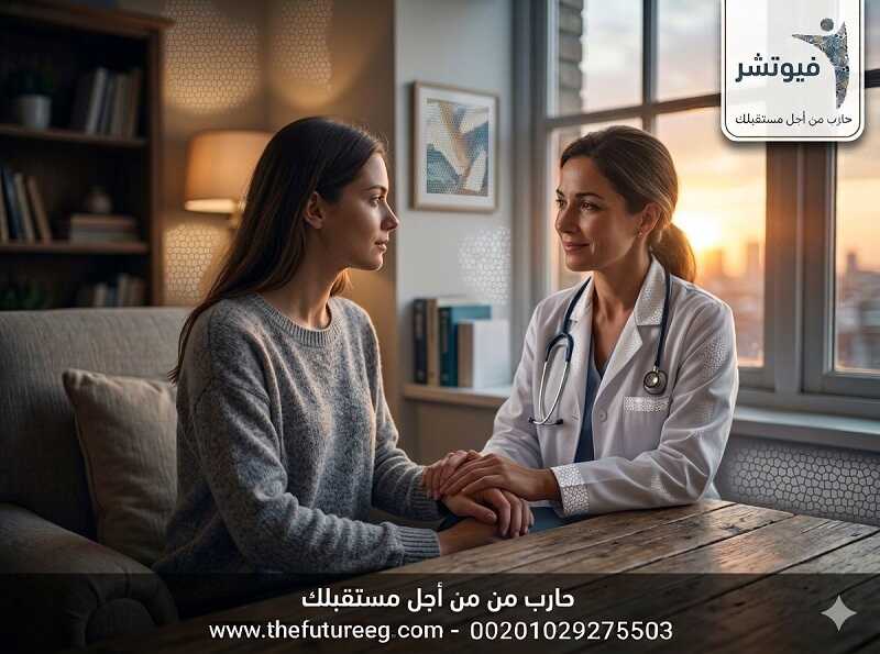 طبيبة تتحدث بحنان مع المريضة في Future Hospital بعد ملاحظة علامات إدمان البنات الخفية ودور الأم في اكتشاف المشكلة.