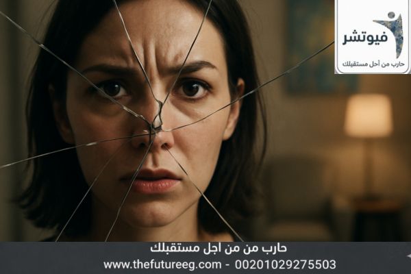 انعكاس لوجه فتاة في مرآة مكسورة يعبر عن تشتت المشاعر في أسباب إدمان البنات.