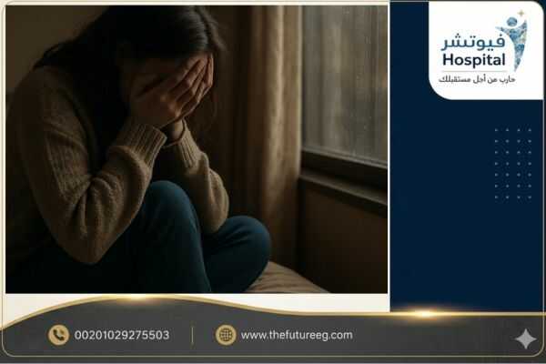 فتاة شابة تعاني من أعراض الإدمان عند البنات تجلس بمفردها في غرفة مظلمة، ترمز للصراع النفسي والخوف من الوصمة الاجتماعية قبل العلاج في مستشفى فيوتشر.