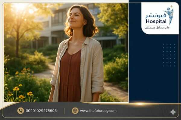 فتاة متعافية تقف في حديقة مشمسة بمستشفى فيوتشر، ترمز للأمل والسكينة بعد استكمال برنامج علاج إدمان البنات.