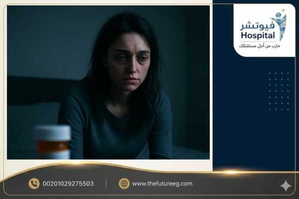مرأة تظهر عليها علامات الإرهاق والهالات السوداء نتيجة إدمان ليريكا والزاناكس للنساء، مع تسليط الضوء على العزلة والصدمة النفسية