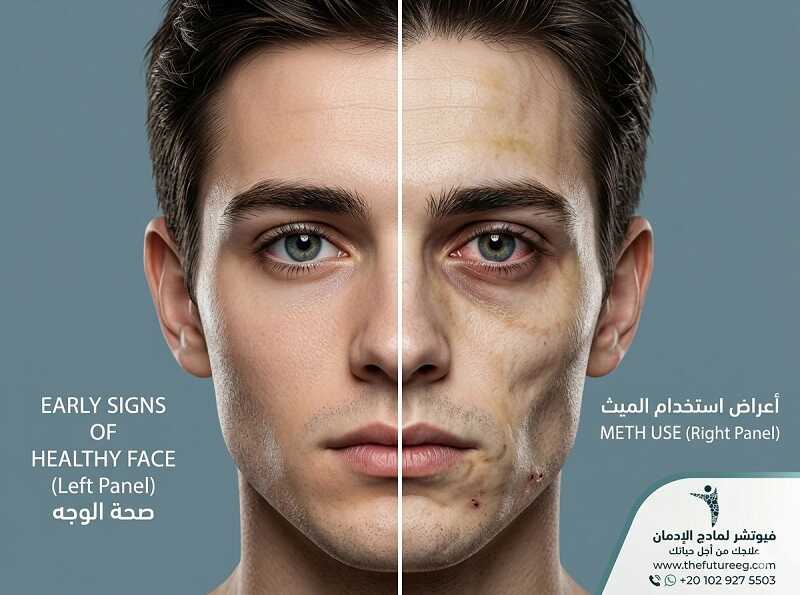شحوب الوجه وبروز العظام كأحد ملامح شكل مدمن الشبو في بداية التعاطي.