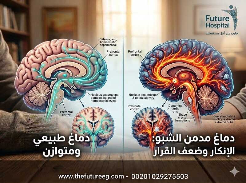  مقارنة بصرية بين تأثير الشبو على الدماغ الطبيعي ودماغ المدمن مما يسبب الإنكار وضعف القرار.