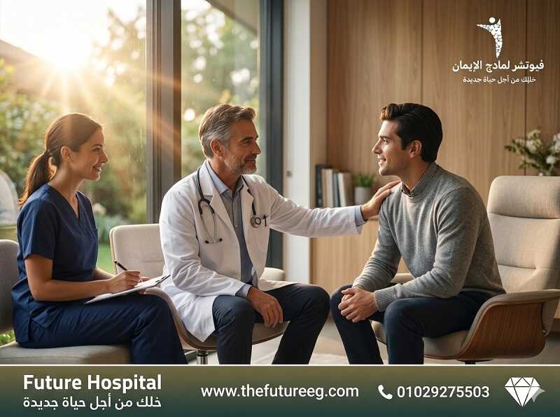 فريق طبي متخصص في مستشفى فيوتشر يدعم مريضاً خلال علاج أعراض انسحاب الشبو.