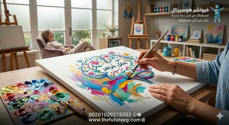 فتاة شابة تعالج بالفن داخل Future Hospital كدليل على التعافي الكامل من الإدمان بعد تشخيص وعلاج علامات إدمان البنات الخفية.