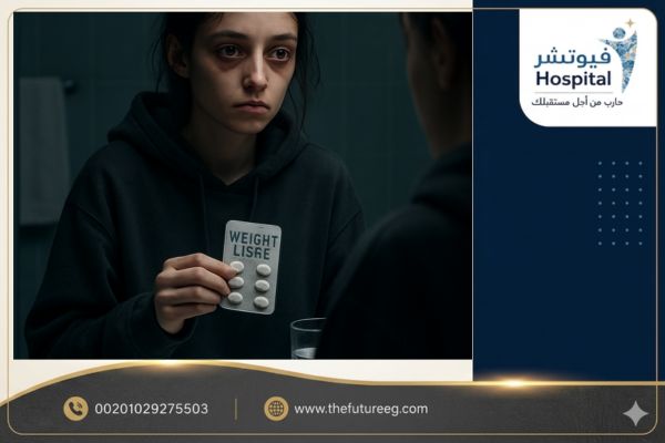 فتاة تنظر بقلق لمجموعة من مخدرات التخسيس للبنات