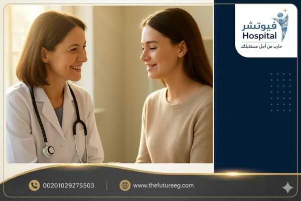 طبيبة متخصصة تقدم الدعم لامرأة في رحلة التعافي من إدمان المهدئات داخل مستشفى فيوتشر، مما يعكس الأمان والخصوصية وبداية حياة جديدة بعيداً عن السموم الكيميائية.