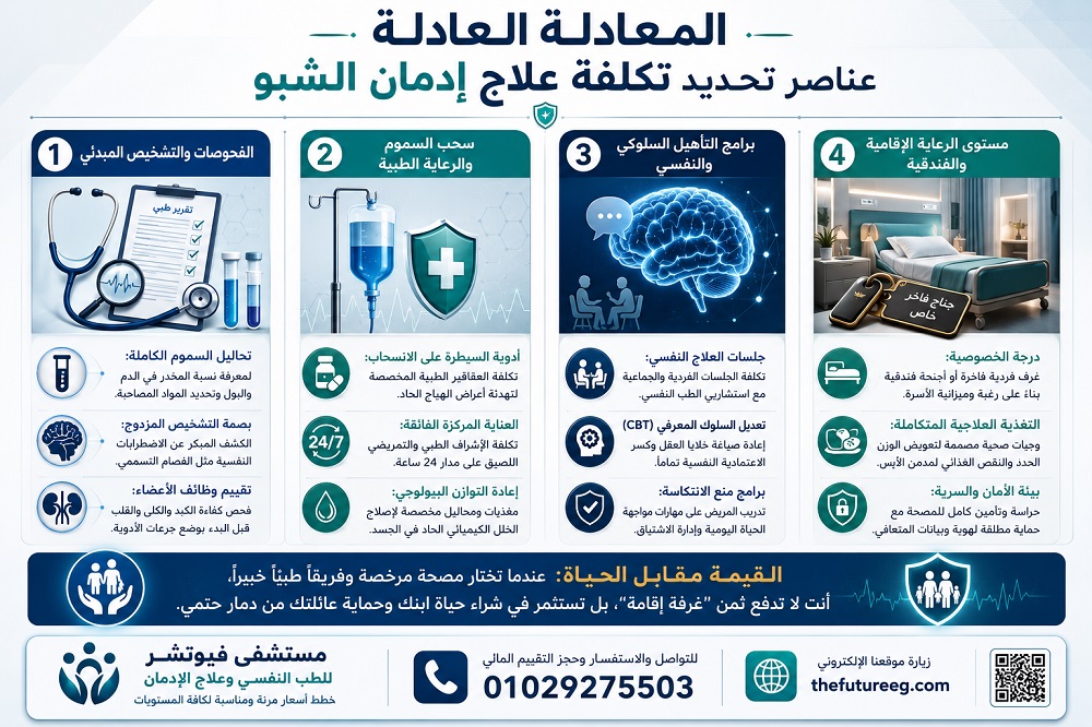 إنفوجرافيك طبي يوضح عناصر تكلفة علاج إدمان الشبو، مقسم إلى أربعة أقسام تشمل الفحص الطبي، سحب السموم، التأهيل السلوكي، والرعاية الفندقية.