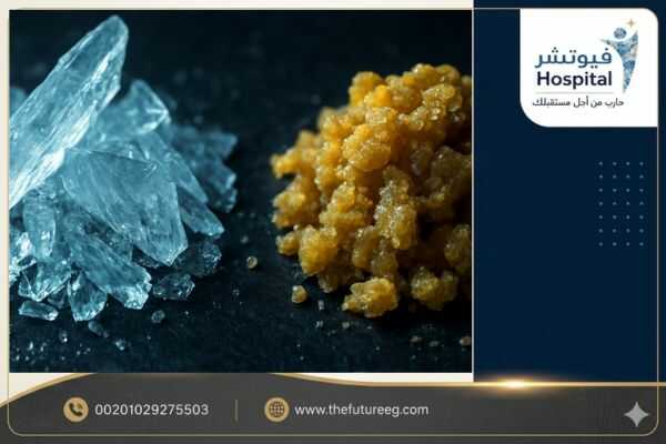 مقارنة تظهر بلورات "شبو" شفافة ونقية تشبه الزجاج على اليسار (ترمز للأصلي)، مقابل كتلة عتمة ومصفرة وغير منتظمة الشكل على اليمين (ترمز للمغشوش)