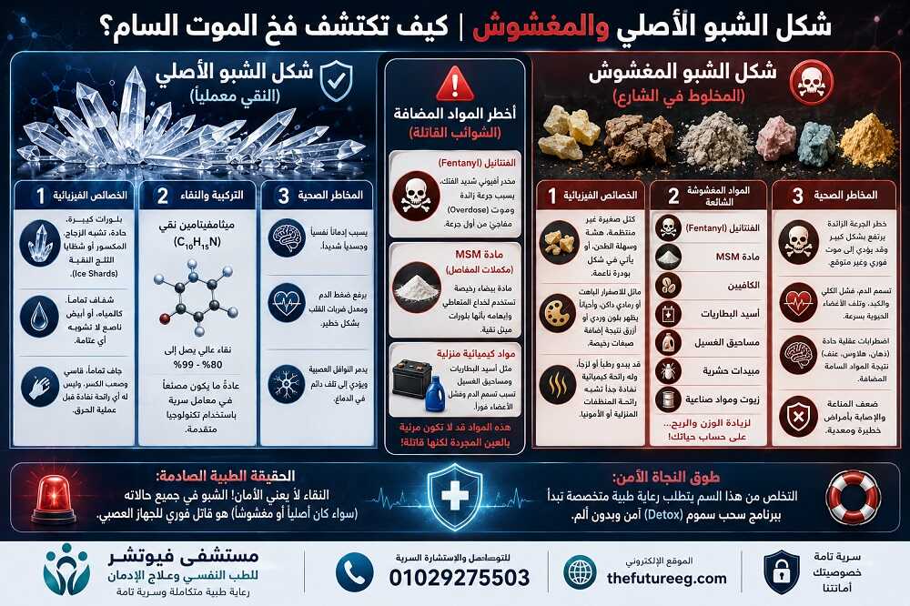 إنفوجرافيك طبي مقارن يوضح الاختلافات بين شكل الشبو الأصلي والمغشوش ورسم بياني للمكونات السامة المضافة والمخاطر الصحية المترتبة على كليهما.