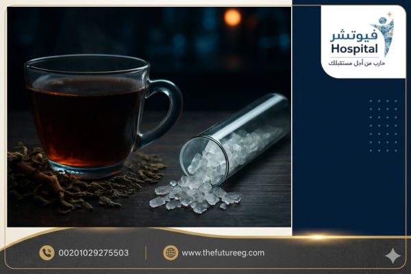صورة تعبيرية تظهر كأساً من الشاي العشبي تتدفق منه سوائل داكنة بجانب أنبوب اختبار مخبري مكسور يحتوي على بلورات الشبو، مع إضاءة درامية تبرز وهم بحث الناس عن أعشاب تبطل مفعول الشبو.