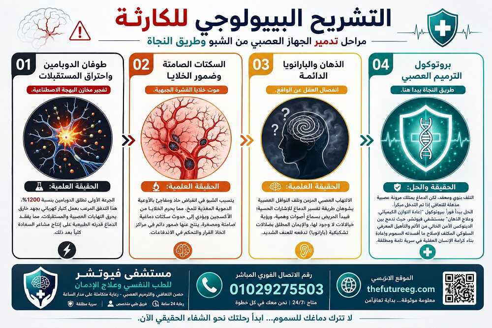 إنفوجرافيك طبي مقسم لأربعة أقسام يشرح مراحل تدمير الجهاز العصبي من الشبو وكيفية إعادة ترميم وبناء خلايا المخ كيميائياً داخل مستشفى فيوتشر.