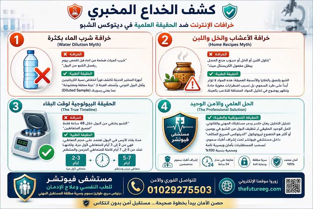 إنفوجرافيك طبي مقارن مقسم إلى 4 مربعات رئيسية بعنوان "الخرافة ضد الحقيقة" يفضح وهم تنظيف البول من الشبو في يومين باستخدام الأعشاب أو الخل، ويقدم الحل العلمي من مستشفى فيوتشر.
