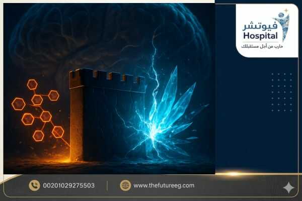 صدعاً وحرقاً فورياً في حاجز الدماغ يسببه جزيء الشبو الأزرق الحاد، مقابل اختراق بطيء ومنظم لجزيئات الكبتاجون البرتقالية.