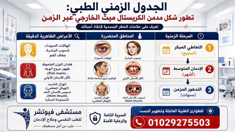 إنفوجرافيك طبي على هيئة جدول مقارنة، يوضح تطور شكل مدمن الكريستال ميث الخارجي، مستعرضاً العلامات التحذيرية في الوجه، الأسنان، والجسد عبر مراحل التعاطي الثلاث.