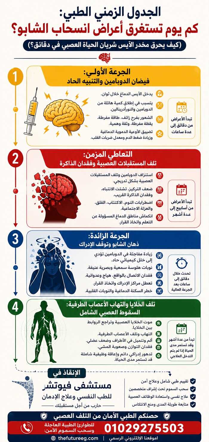 إنفوجرافيك طبي يشرح الآليات الحيوية الأربع للإجابة عن سؤال: هل يسبب الآيس السكتة القلبية، بدءاً من طفرة الأدرينالين وحتى توقف عضلة القلب.