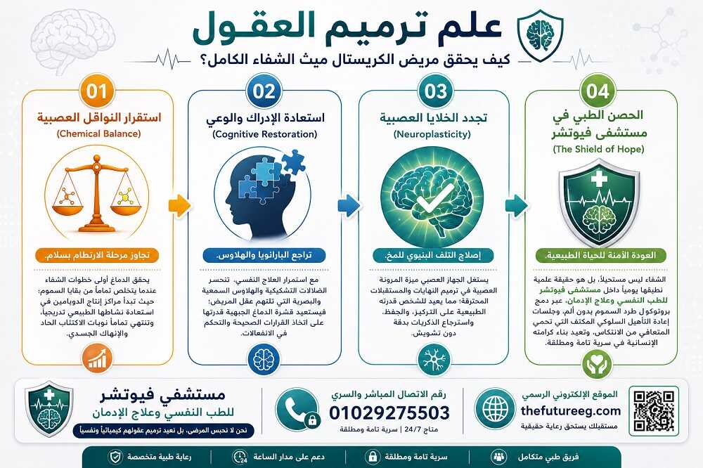 إنفوجرافيك طبي توضيحي مقسم لأربعة أقسام يفند خطورة البحث عن حبة تبطل مفعول الايس ويكشف بروتوكول طرد السموم الحقيقي داخل مستشفى فيوتشر.