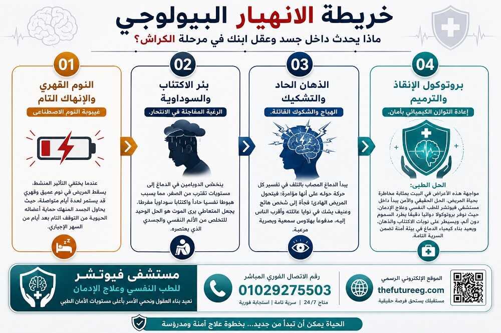 إنفوجرافيك طبي توضيحي مقسم لأربعة أقسام يشرح خطورة أعراض الشبو بعد انتهاء المفعول وطريقة سحب السموم بأمان داخل مستشفى فيوتشر.