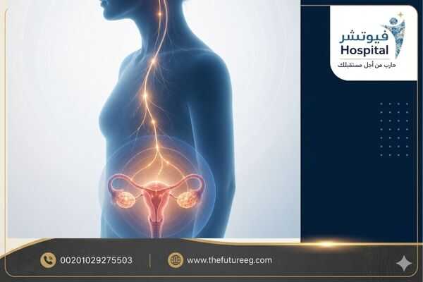 رسم طبي تعبيري يوضح المسار الهرموني بين الدماغ والمبيضين وتأثير الشبو على الدورة الشهرية