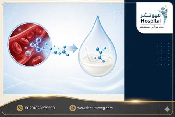 رسم توضيحي طبي لانتقال تأثير الشبو على الرضاعة الطبيعية من دم الأم إلى الحليب